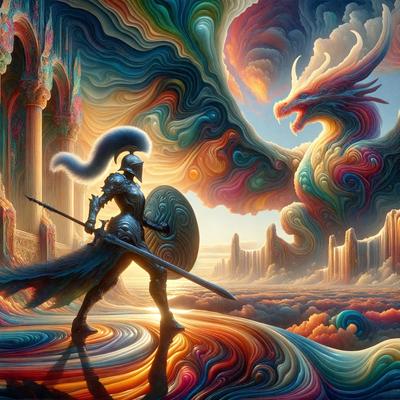 Primary subject: A knight in a suit of armor, holding a sword, standing in front of a dragon.

Setting/background: A colorful, surreal landscape with a castle in the background.

Visual style: Digital art.

Colors and mood: The image is vibrant and full of color, creating a lively and fantastical atmosphere.